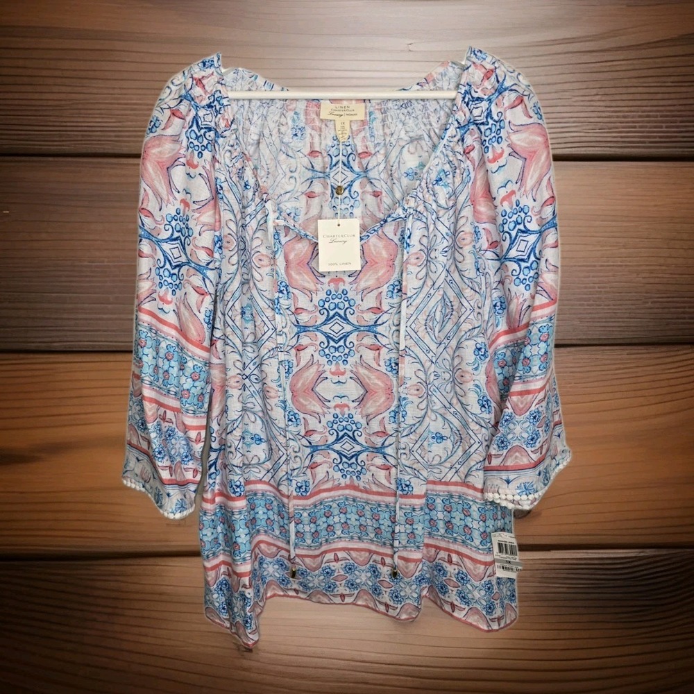 Charter Club Luxury Seaside 100% Linen Blouse W/Gold Accent Beads SZ: 1X NWT